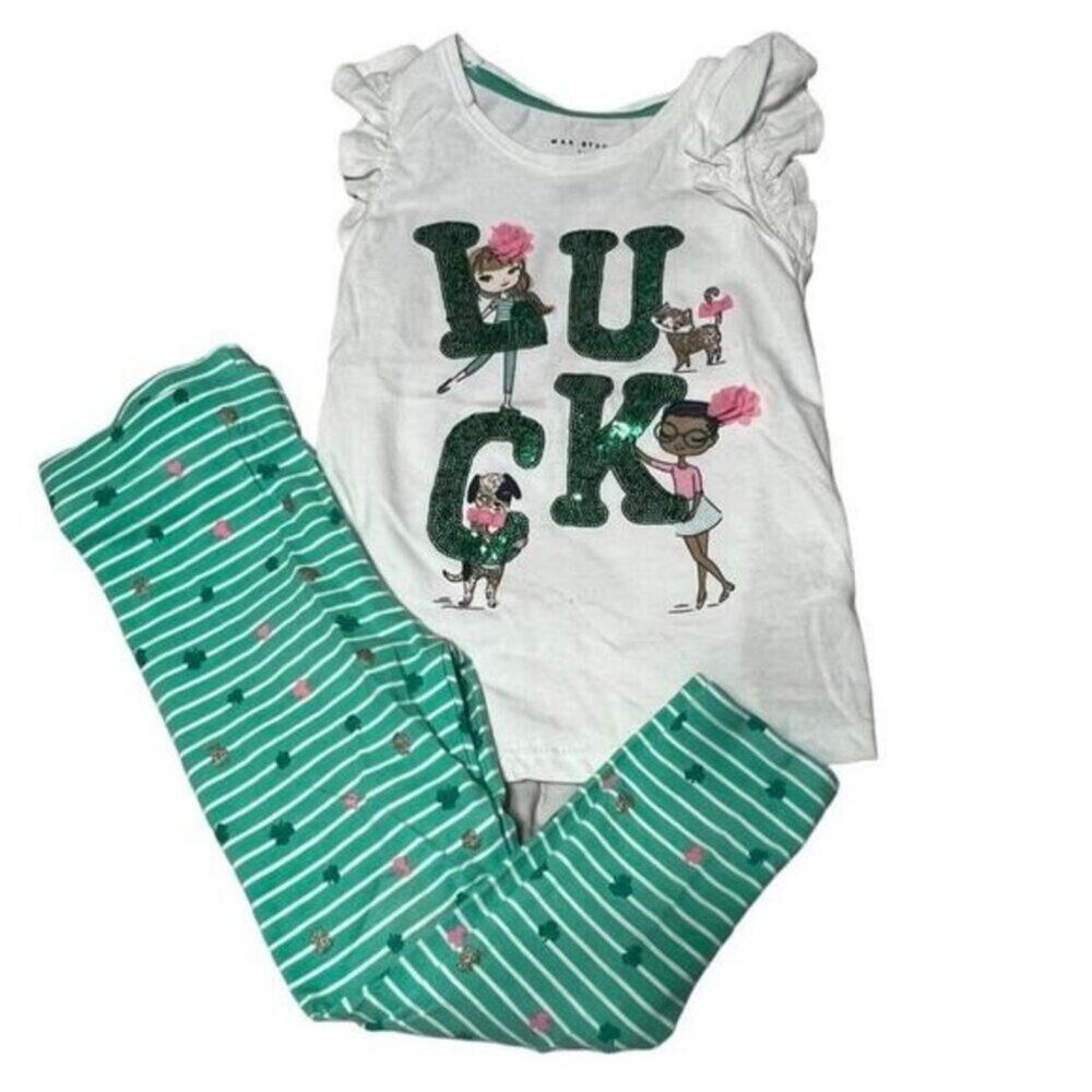 Girls Max Studio Size 4 White "Luck" Sequin Top & Green Striped Leggings Set